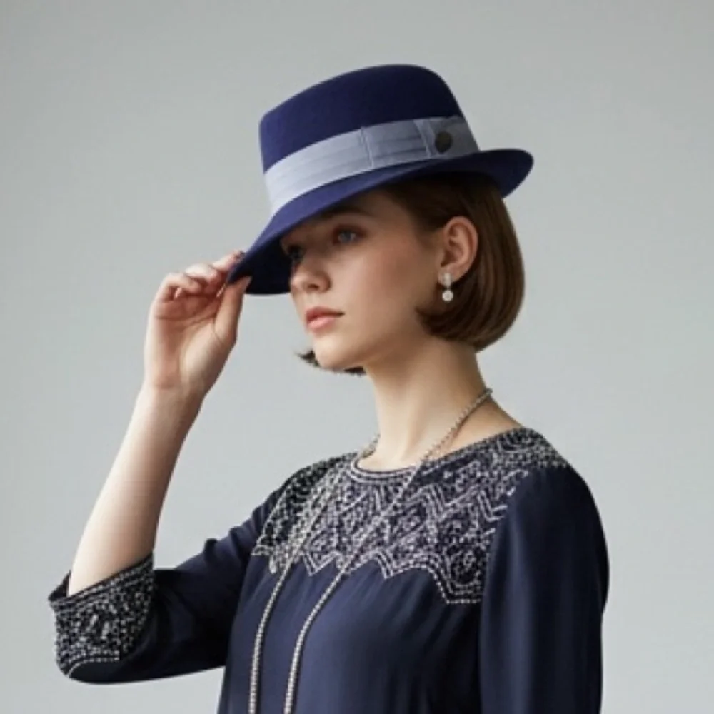 vintage wool felt blue small brim fedora featuring a gray band pork pie hat size